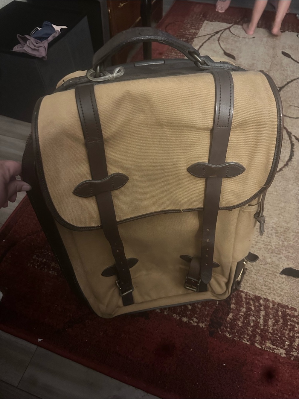 Filson-Classic Tan Canvas Backpack with Dark Brown Leather Trim
